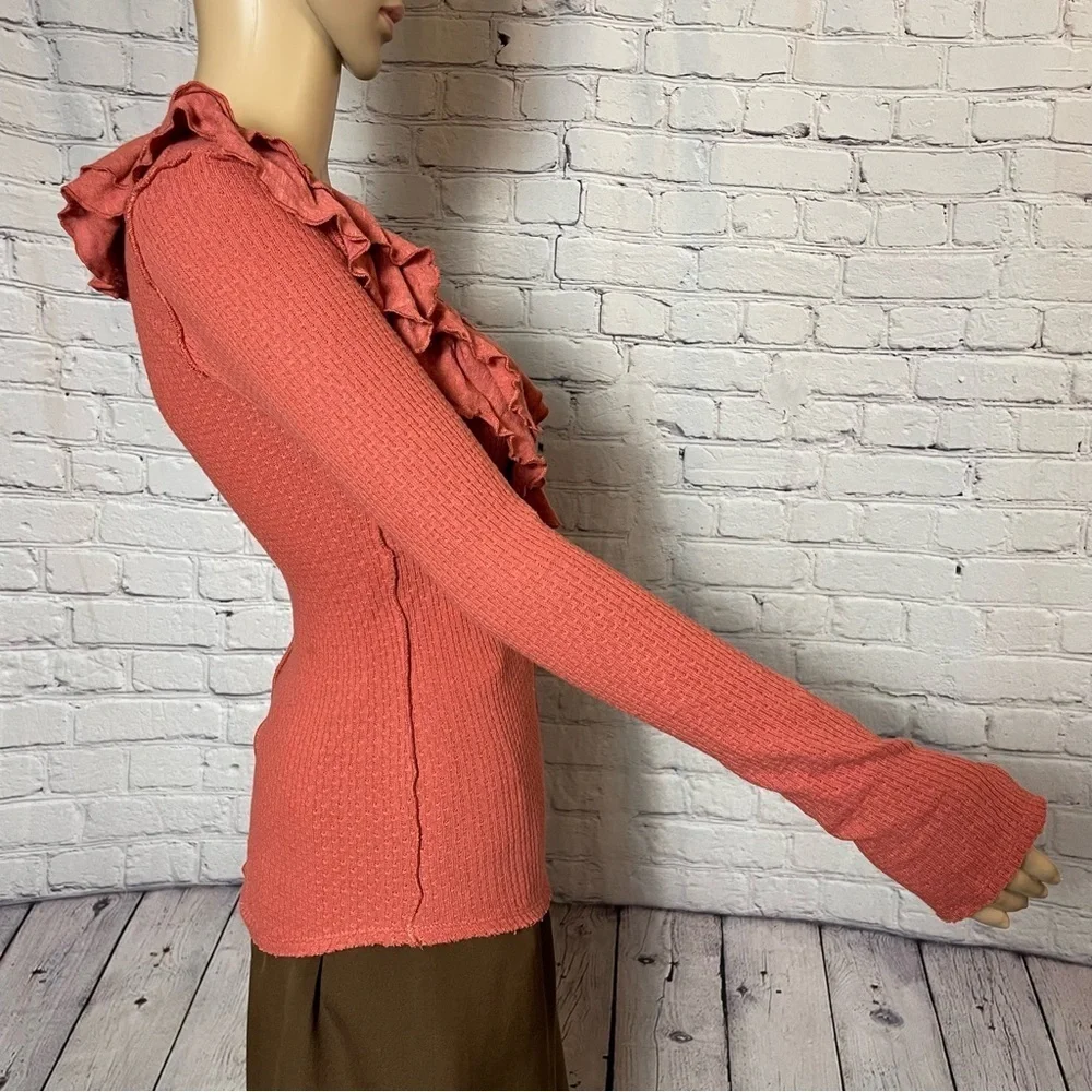 New Free People Bennet Ruffled Long Sleeve Terracotta Top Size XS